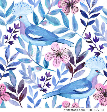 Watercolor seamless pattern with cute pink flowers and blue crowned pigeons. Romantic elegance print for wedding invitation and fabric. 101655131
