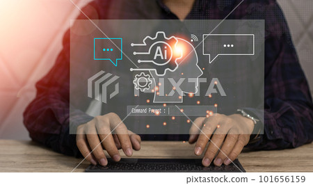 Businessman typing keyboard. AI digital icon on virtual screen. Digital transformation technology business strategy, IoT, internet of things. 101656159