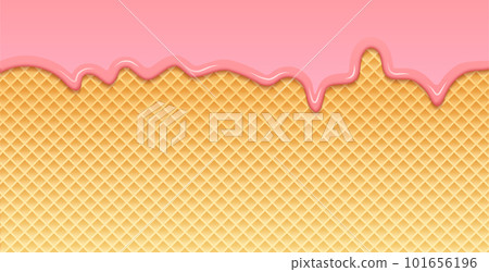 Pink strawberry cream melted waffle cone vector pattern. Icecream waffle sweet liquid biscuit candy 101656196