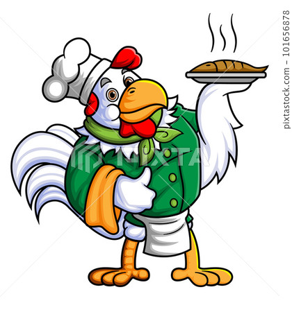 a rooster working as a professional chef is carrying a plate of fresh grilled fish of illustration 101656878