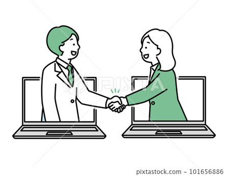 Illustration material of male and female office workers shaking hands Business PC conference online Illustration material of male and female office workers shaking hands Business PC conference online 101656886