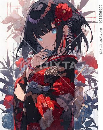 穿著美麗牡丹花和服的女人“AI 生成圖像” 101656902