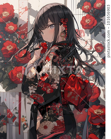 穿著美麗牡丹花和服的女人“AI 生成圖像” 穿著美麗牡丹花和服的女人“AI 生成圖像” 101656903