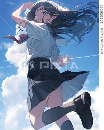 在夏日天空下跳躍的女學生“AI生成圖像” 101656933