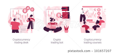 Digital tokens abstract concept vector illustration set. Cryptocurrency trading desk, crypto trading bot, trading courses, bitcoin futures, financial technology, blockchain ICO abstract metaphor. 101657207