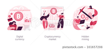 Digital money turnover abstract concept vector illustration set. Digital currency, cryptocurrency market, hidden mining, embed script development, blockchain technology, transaction abstract metaphor. Digital money turnover abstract concept vector illustration set. Digital currency, cryptocurrency market, hidden mining, embed script development, blockchain technology, transaction abstract metaphor. 101657208