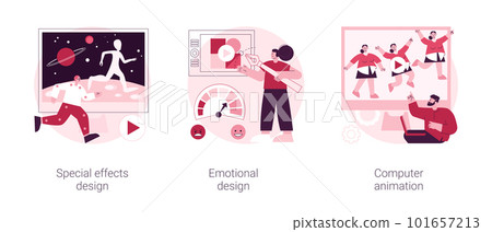 Graphic design studio abstract concept vector illustration set. Special effects design, emotional interaction, computer graphic animation, 3d visual game art, cartoon video creation abstract metaphor. 101657213