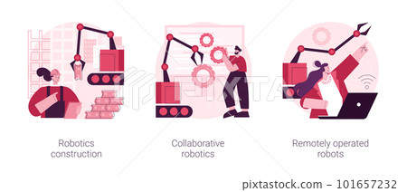 Automotive machine work abstract concept vector illustration set. Robotics construction, collaborative artificial intelligence, remotely operated robots, cloud robotics, automation abstract metaphor. Automotive machine work abstract concept vector illustration set. Robotics construction, collaborative artificial intelligence, remotely operated robots, cloud robotics, automation abstract metaphor. 101657232