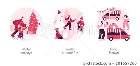 Family time outdoors abstract concept vector illustration set. Winter holidays, outdoor fun, food festival, Christmas eve, new year celebration, building a snowman, snowball fight abstract metaphor. Family time outdoors abstract concept vector illustration set. Winter holidays, outdoor fun, food festival, Christmas eve, new year celebration, building a snowman, snowball fight abstract metaphor. 101657266