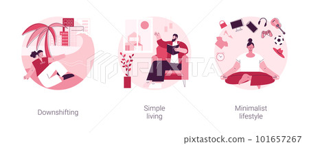 Voluntary lifestyle abstract concept vector illustration set. Downshifting, simple living, minimalist lifestyle, escape, find balance, reduce consumption and buying, low expenses abstract metaphor. 101657267