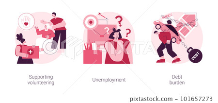 Socio-economic outbreak impact abstract concept vector illustration set. Supporting volunteering, unemployment, debt burden, public health, economic crisis, unemployment rate abstract metaphor. 101657273