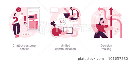 Enterprise communication abstract concept vector illustration set. Chatbot customer service, unified communication, decision making, e-commerce chatbot, problem solving, web chat abstract metaphor. 101657280