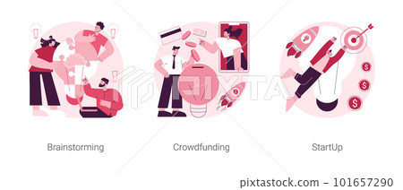 Business venture abstract concept vector illustration set. Brainstorming and teamwork, crowdfunding and crowdsourcing project, startup launch, fundraising platform, collaboration abstract metaphor. 101657290