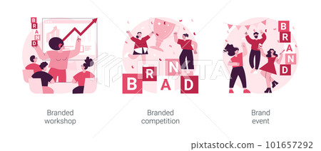 Marketing promo abstract concept vector illustration set. Branded workshop and competition, event management, product placement, digital advertising, rebranding media campaign abstract metaphor. 101657292