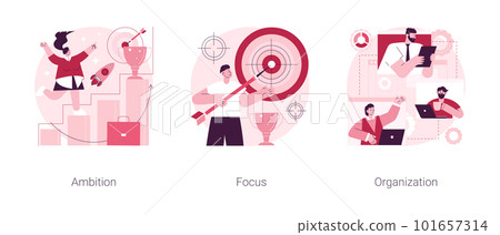 Setting big goal abstract concept vector illustration set. Business ambition, focus on success, self-organization ability, training personal skill, leadership, making fast career abstract metaphor. 101657314