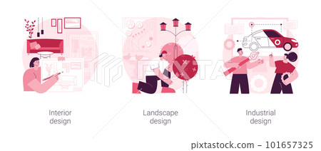 Design studio abstract concept vector illustration set. Interior and industrial design, landscape planning, decor ideas and tips, rooftop garden, product usability, architecture abstract metaphor. 101657325