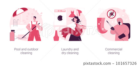 Laundry and cleaning facilities abstract concept vector illustration set. Pool and outdoor cleanup, laundry and dry cleaning, office maintenance, power washing, patio polishing abstract metaphor. 101657326