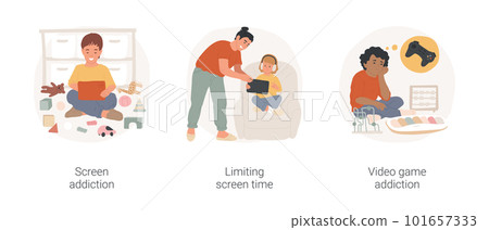 Digital addiction isolated cartoon vector illustration set. Screen addiction, toddler playing on tablet, toys scattered, limiting gadget use time, take away tablet, video gaming vector cartoon. 101657333