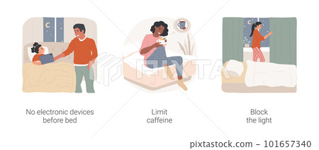 Sleep hygiene isolated cartoon vector illustration set. No electronic devices before bed, take tablet from kid, limit caffeine, block the light before sleep, put dark curtains vector cartoon. 101657340