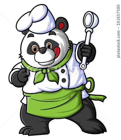 a cartoon panda wearing a chef's outfit, posing while holding a ladle of illustration 101657380