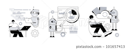 AI-based software abstract concept vector illustration set. Open automation architecture, robotic process automation, cloud artificial intelligence, remote machine learning abstract metaphor. AI-based software abstract concept vector illustration set. Open automation architecture, robotic process automation, cloud artificial intelligence, remote machine learning abstract metaphor. 101657413