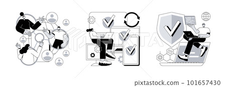 Networking app software abstract concept vector illustration set. Mobile collaboration, cross-device syncing, privacy engineering, mobile and desktop versions, personal data defense abstract metaphor. 101657430
