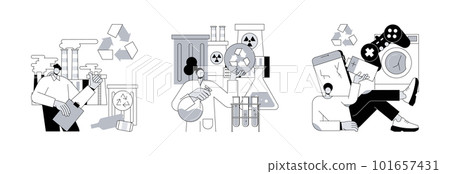 Waste management abstract concept vector illustration set. Mechanical and chemical recycling, e-waste reduction, trash disposal and utilization, electronics trade-in and reuse abstract metaphor. 101657431