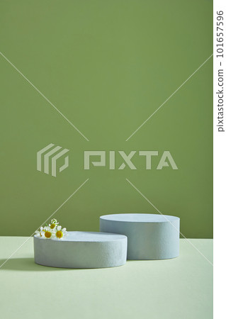 Two empty podiums decorated on minimalist light background with some Feverfew flowers (Tanacetum parthenium) placed on it. Empty space for product advertising Two empty podiums decorated on minimalist light background with some Feverfew flowers (Tanacetum parthenium) placed on it. Empty space for product advertising 101657596