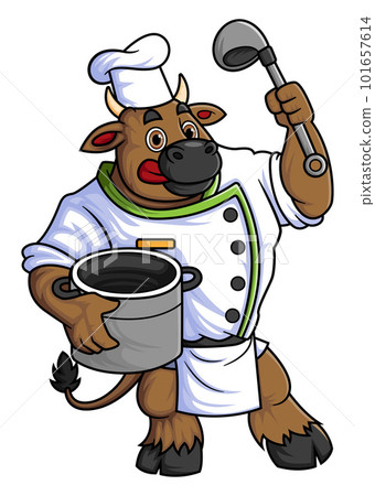 characters a big bull working as a professional chef with a big pan of illustration 101657614