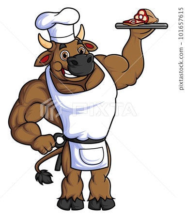 character of a big bull working as a professional chef carrying a plate of grilled chicken of illustration character of a big bull working as a professional chef carrying a plate of grilled chicken of illustration 101657615
