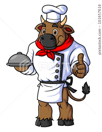 character a big bull working as a professional chef wearing uniform and giving thumbs up of illustration 101657616