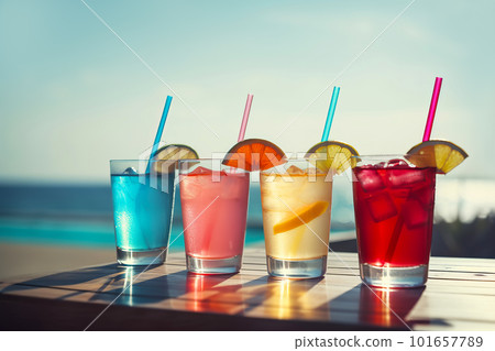 Tropical cocktail set on beautiful tropical scenery background. Generative AI illustration Tropical cocktail set on beautiful tropical scenery background. Generative AI illustration 101657789