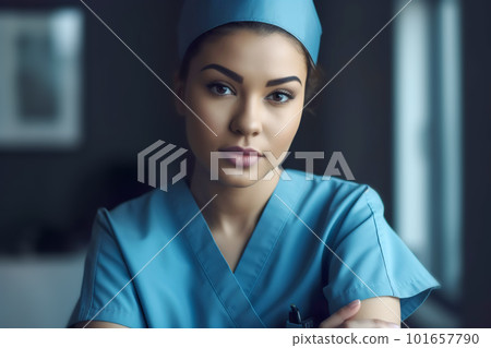 Attractive nurse or doctor in blue uniform. Generative AI illustration 101657790