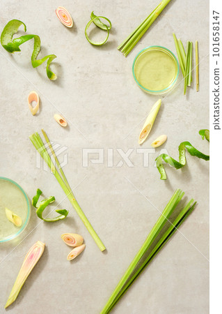Few petri dishes of essential oil extracted from lemongrass decorated with lemon peels and lemongrass on a light background. Blank space for product presentation. Healthy lifestyle concepts 101658147
