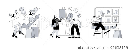 Marketing and sales abstract concept vector illustration set. Upselling and clienting, webrooming and digital goods research, customer motivation, client loyalty, e-commerce abstract metaphor. 101658159