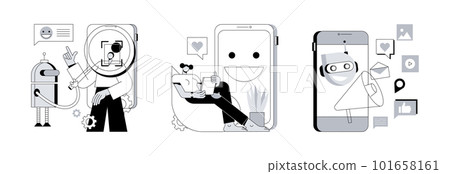 Interactive device abstract concept vector illustration set. Affective computing, personification design, artificial intelligence in social media, speech and gesture recognition abstract metaphor. Interactive device abstract concept vector illustration set. Affective computing, personification design, artificial intelligence in social media, speech and gesture recognition abstract metaphor. 101658161