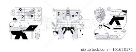 E-gaming industry abstract concept vector illustration set. Strategy online games, pc action game, MMORPG multiplayer, real-time battle arena, player avatar, console controller abstract metaphor. 101658175