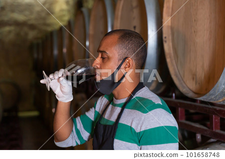 Owner in protective mask of winery standing with wine in wooden barrels cellar 101658748