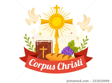 Corpus Christi Catholic Religious Holiday Vector Illustration with Feast Day, Cross, Bread and Grapes in Flat Cartoon Hand Drawn Poster Templates 101658999