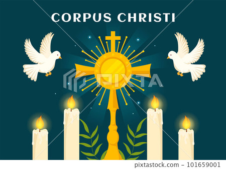Corpus Christi Catholic Religious Holiday Vector Illustration with Feast Day, Cross, Bread and Grapes in Flat Cartoon Hand Drawn Poster Templates 101659001