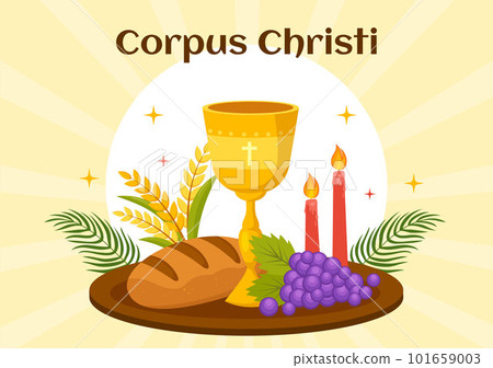 Corpus Christi Catholic Religious Holiday Vector Illustration with Feast Day, Cross, Bread and Grapes in Flat Cartoon Hand Drawn Poster Templates 101659003