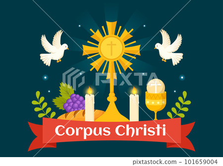 Corpus Christi Catholic Religious Holiday Vector Illustration with Feast Day, Cross, Bread and Grapes in Flat Cartoon Hand Drawn Poster Templates Corpus Christi Catholic Religious Holiday Vector Illustration with Feast Day, Cross, Bread and Grapes in Flat Cartoon Hand Drawn Poster Templates 101659004