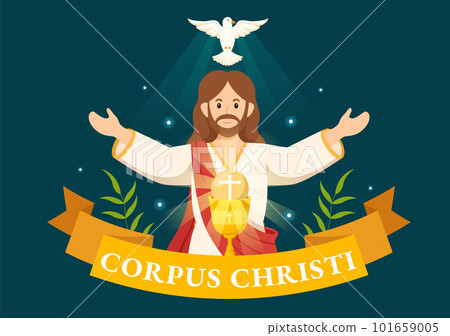 Corpus Christi Catholic Religious Holiday Vector Illustration with Feast Day, Cross, Bread and Grapes in Flat Cartoon Hand Drawn Poster Templates 101659005