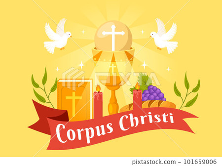 Corpus Christi Catholic Religious Holiday Vector Illustration with Feast Day, Cross, Bread and Grapes in Flat Cartoon Hand Drawn Poster Templates 101659006