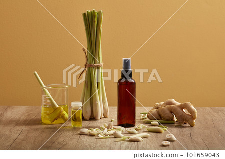 A sprayer with some glass jars filled with essential oil extracted from lemongrass and ginger on a wooden table. Combination of two herbals has lots of benefits for health 101659043