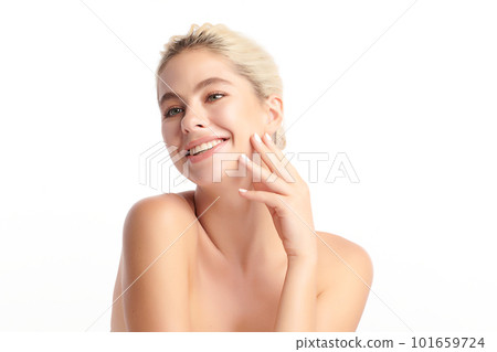 Beautiful young  woman with clean fresh skin on white background, Face care, Facial treatment, Cosmetology, beauty and spa, women portrait. 101659724