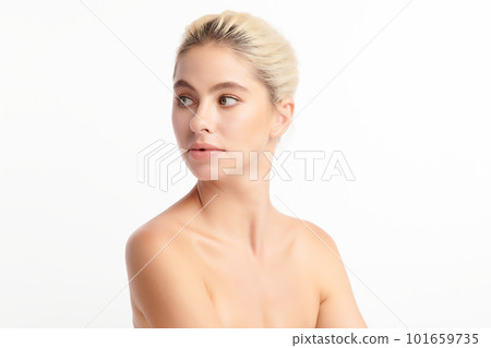 Beautiful young woman with clean fresh skin on white background, Face care, Facial treatment, Cosmetology, beauty and spa, women portrait. Beautiful young woman with clean fresh skin on white background, Face care, Facial treatment, Cosmetology, beauty and spa, women portrait. 101659735