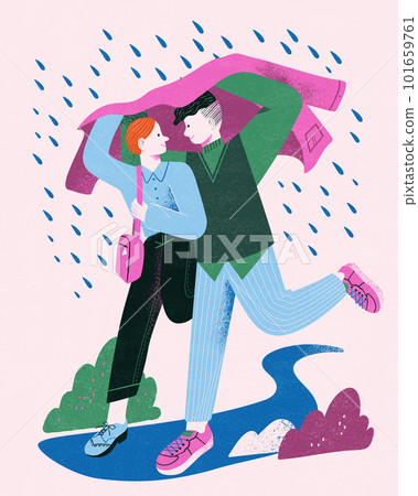 Couple hiding from rain under coat 101659761