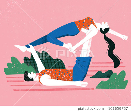 Couple practicing yoga together Couple practicing yoga together 101659767