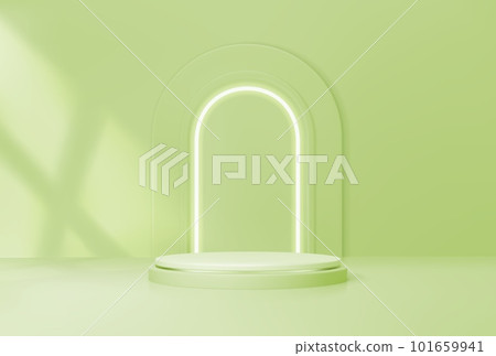 Pistachio podium with arch for product display background, vector round stand. Green podium base platform with arch light on wall, studio scene or showcase pedestal stage with window shadow 101659941